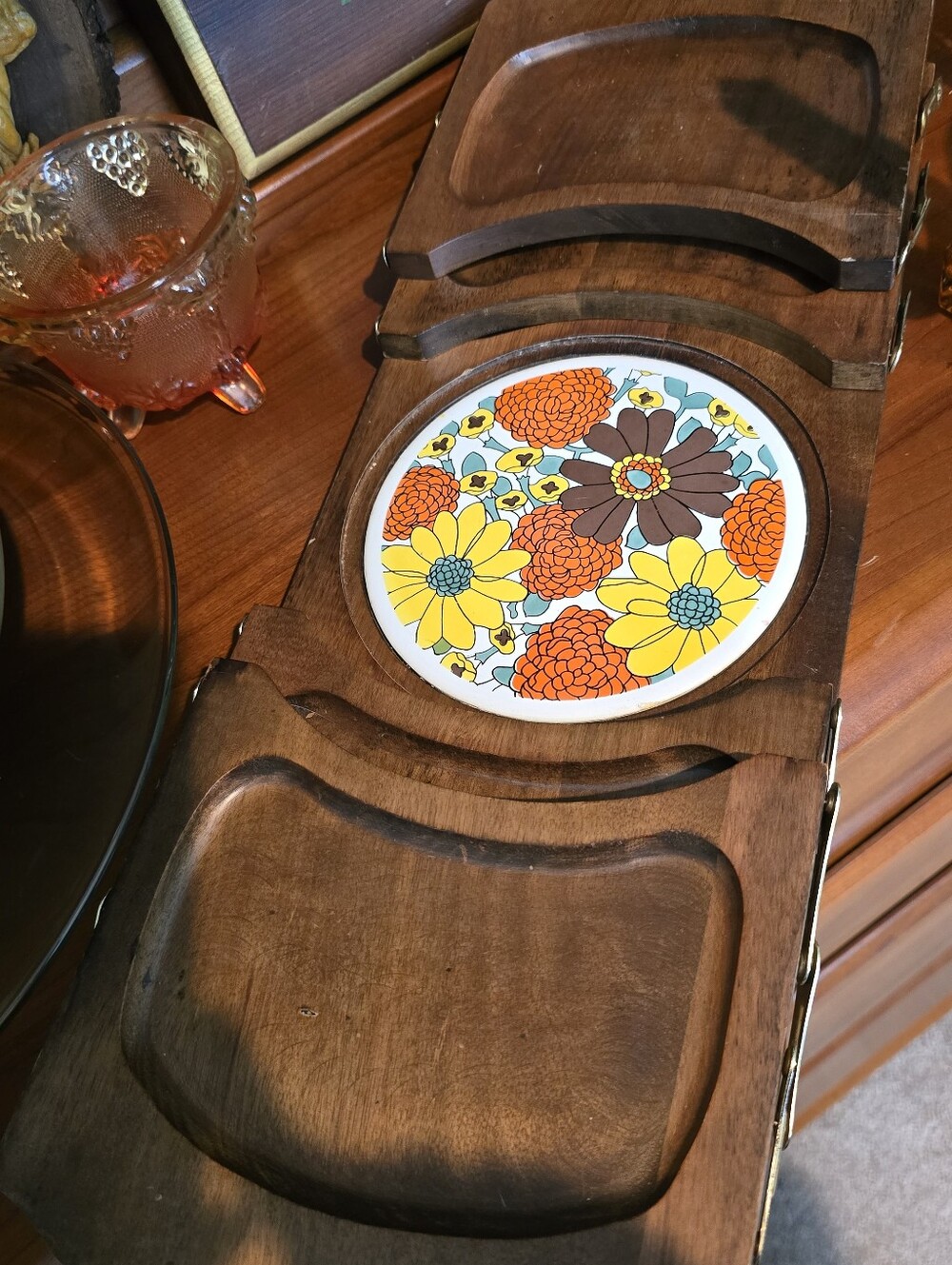 Wooden Cheese Tray Set with Ceramic Floral Inlay - Orange Yellow Brown